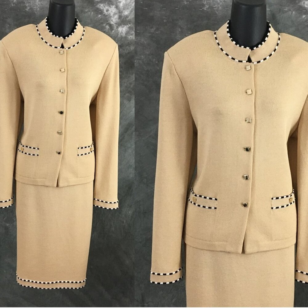 NEW BEAUTIFUL St John collection knit beige jacket skirt suit size 10 12